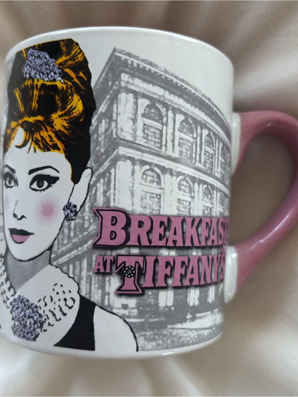 Breakfast At Tiffany's Mug Audrey Hepburn Pink Handle 2009 AVela Silver Buffalo